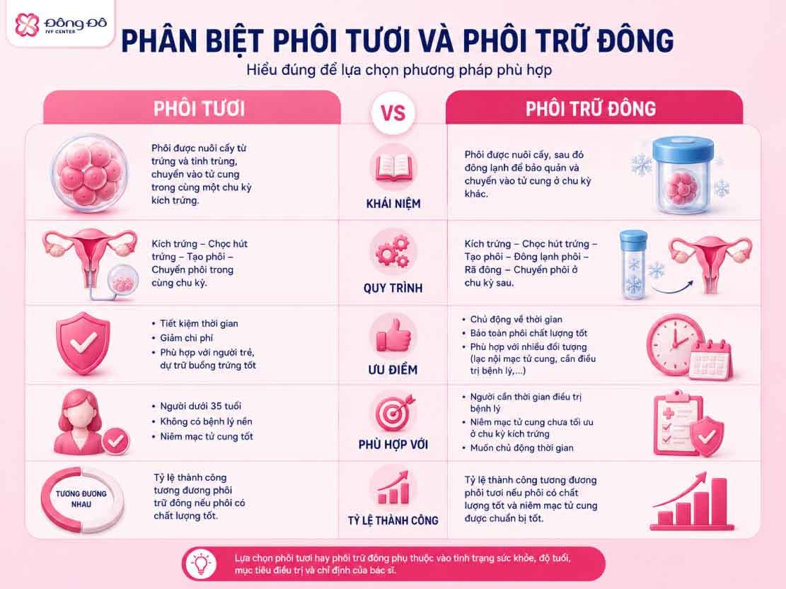 Inforgraphic phân biệt phôi tươi và phôi trữ đông
