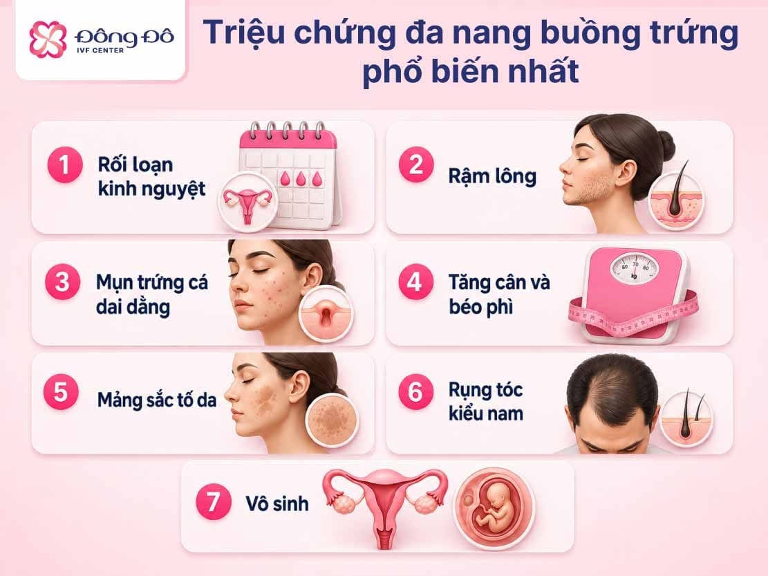 Inforgraphic những triệu chứng phổ biến của Đa nang Buồng trứng