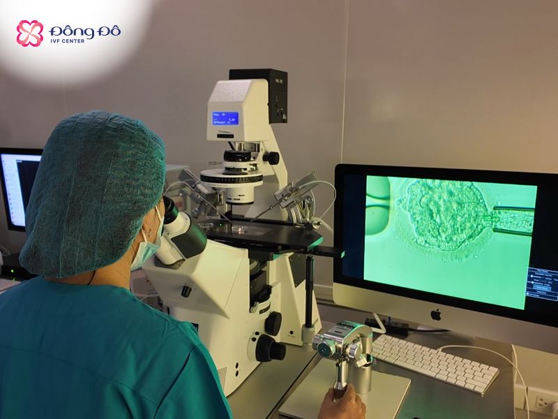 Nhân viên phôi học tại Đông Đô IVF Center đang thực hiện sinh thiết phôi phục vụ PGT - một khâu có chi phí cao trong quá trình điều trị
